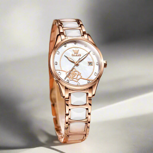 3606 Japan Quartz Movement Woman Watch Camellia Flower Design Ceramics Strap Diamond Scale Elegant Luxury Watch for Women
